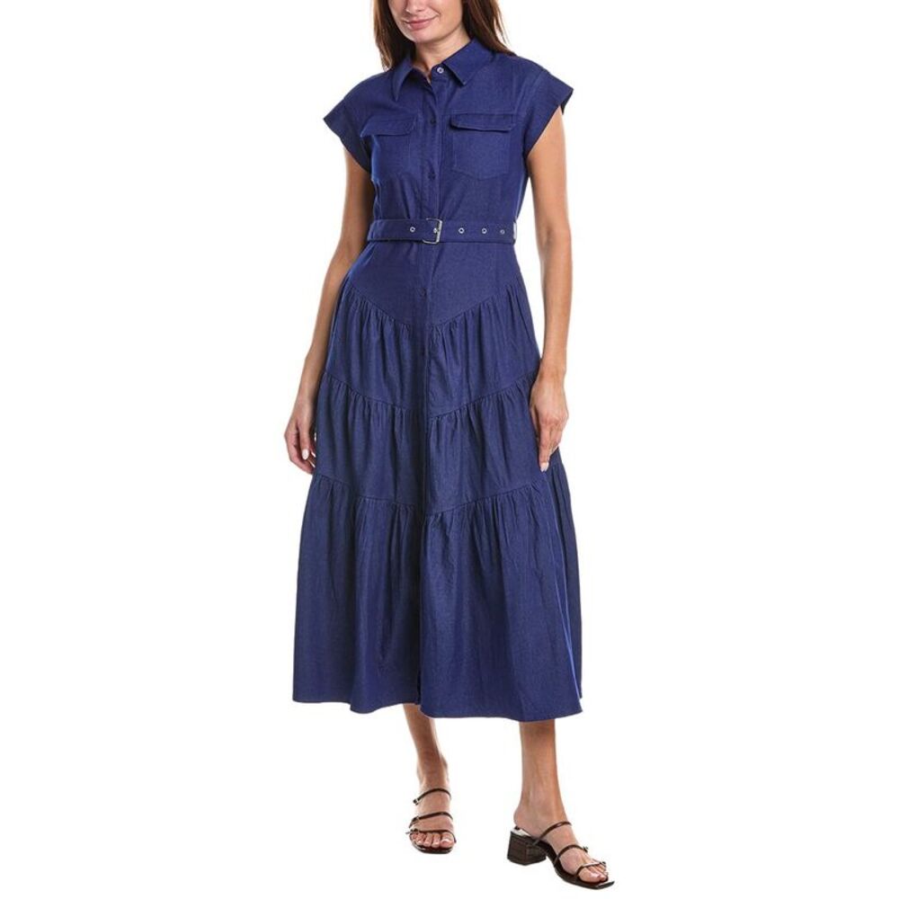 Gracia Womens  Buckle Belted Tiered Denim Maxi Dress, Blue
